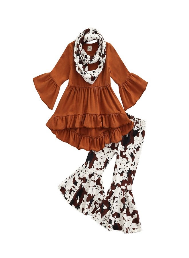 Mieeyali Western Baby Girl Clothes Toddler Cowgirl Outfit Ruffle Dress Shirt Cow Print Bell Bottoms Flared Pants Set (Brown, 2-3T) - Image 1