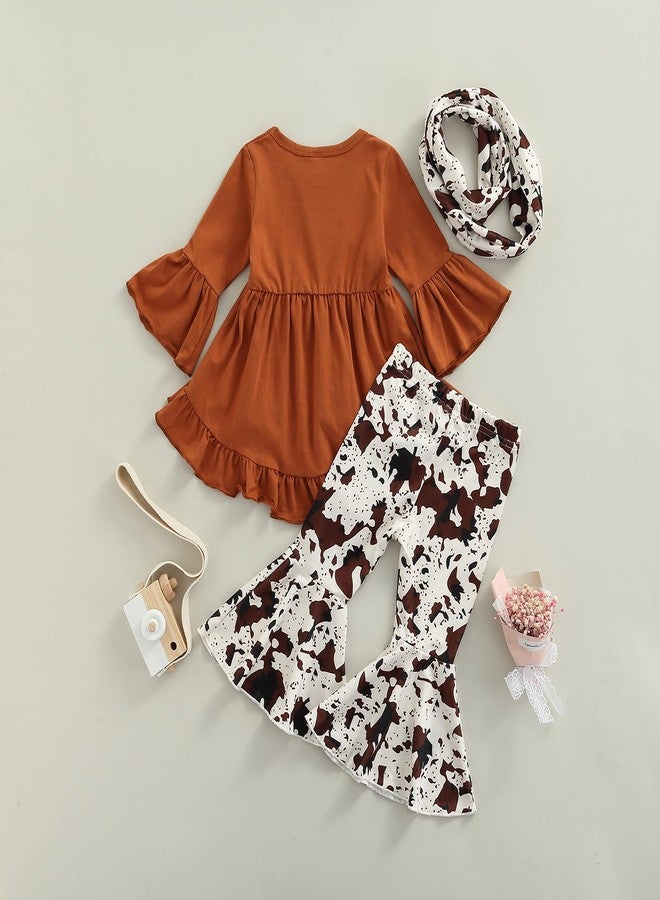 Mieeyali Western Baby Girl Clothes Toddler Cowgirl Outfit Ruffle Dress Shirt Cow Print Bell Bottoms Flared Pants Set (Brown, 2-3T) - Image 5