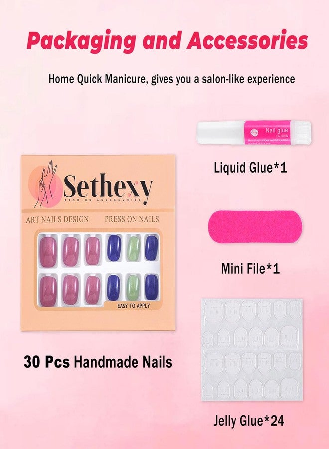 Sethexy Squoval Press on Nails Short - Colorful Cat Eye, Rainbow Design Acrylic Fake Nails for Women 15 Sizes - 30 Pcs Soft Gel Nails Kit with Glue - Image 4