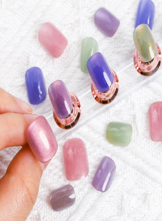 Sethexy Squoval Press on Nails Short - Colorful Cat Eye, Rainbow Design Acrylic Fake Nails for Women 15 Sizes - 30 Pcs Soft Gel Nails Kit with Glue - Image 5