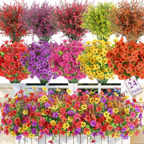 SHareconn 24 Bundles Artificial Flowers for Outdoors Decoration Faux Plants Fake Silk Colorful Daisy Eucalyptus Lavender UV Resistant for Outside Home Indoor Spring Decor RedRosyPurpleYellowOrange - Image 1