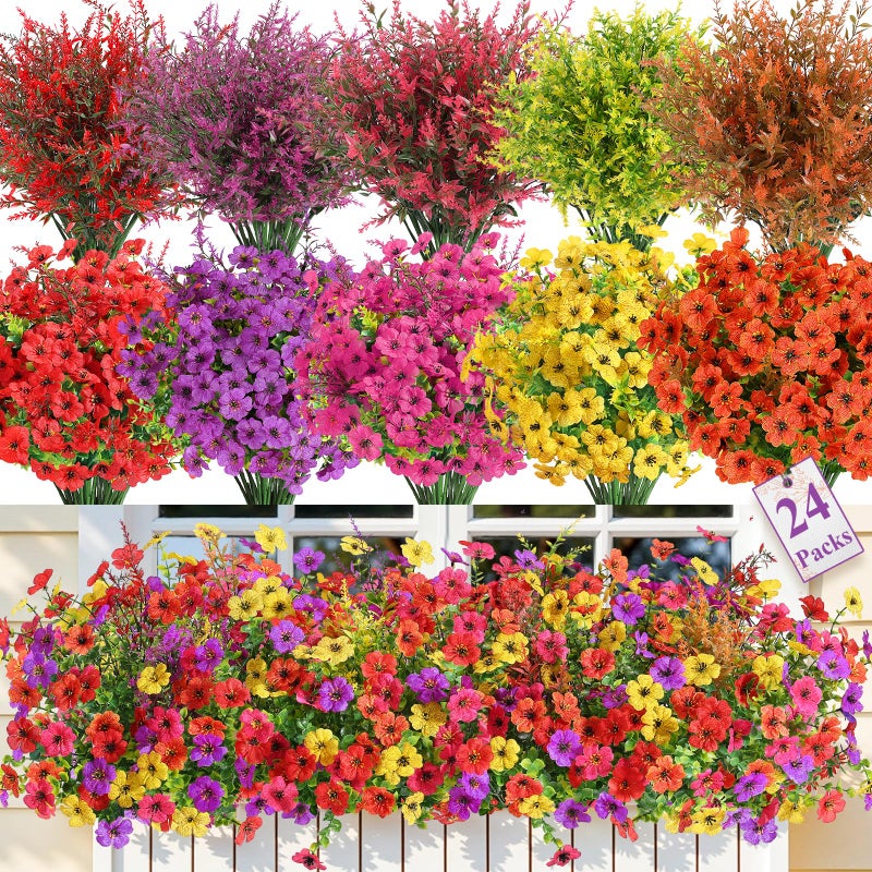 SHareconn 24 Bundles Artificial Flowers for Outdoors Decoration Faux Plants Fake Silk Colorful Daisy Eucalyptus Lavender UV Resistant for Outside Home Indoor Spring Decor RedRosyPurpleYellowOrange - Image 2