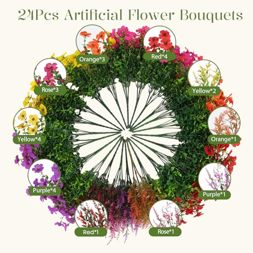 SHareconn 24 Bundles Artificial Flowers for Outdoors Decoration Faux Plants Fake Silk Colorful Daisy Eucalyptus Lavender UV Resistant for Outside Home Indoor Spring Decor RedRosyPurpleYellowOrange - Image 3