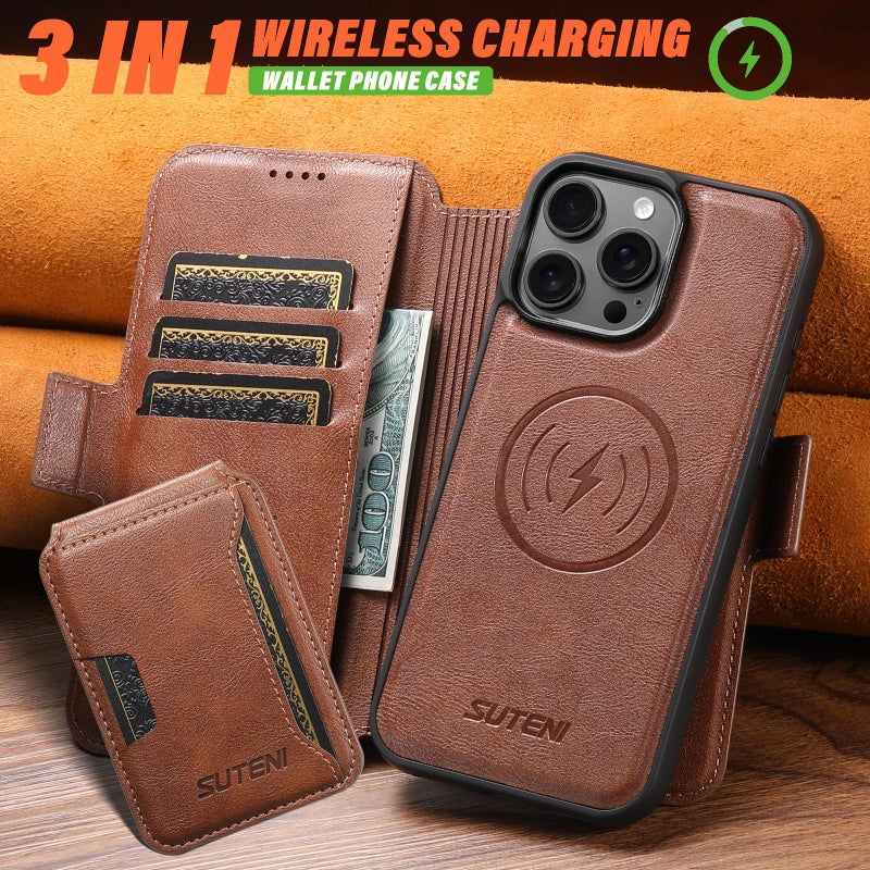 سوتين جراب هاتف جلدي 3 في 1 قابل للفصل والفصل لهاتف Iphone 16 Q06S3 (بني) - Image 4