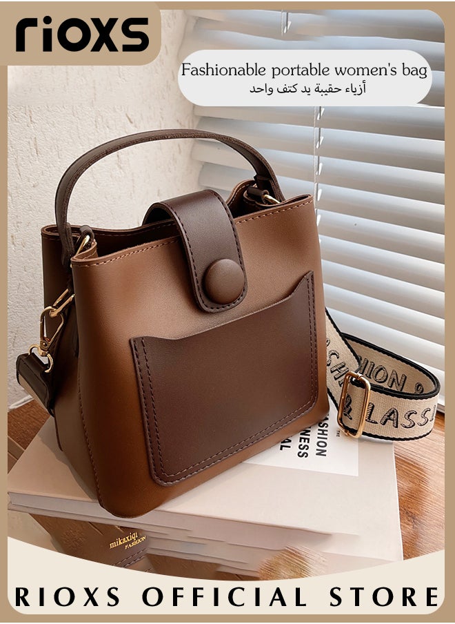 RIOXS Women's Multifunctional Bucket Bag with Zipper Closure, Retro Tote Shoulder Bag, Small Trendy Crossbody Bag with a Zipped Pocket Inside, Made of PU Leather with Clean Edges and Seams, Perfect for Using in Office, Dating or Other Daily Occasions, 19*12*17.5CM  - Image 3