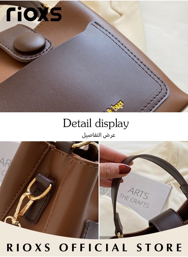 RIOXS Women's Multifunctional Bucket Bag with Zipper Closure, Retro Tote Shoulder Bag, Small Trendy Crossbody Bag with a Zipped Pocket Inside, Made of PU Leather with Clean Edges and Seams, Perfect for Using in Office, Dating or Other Daily Occasions, 19*12*17.5CM  - Image 4