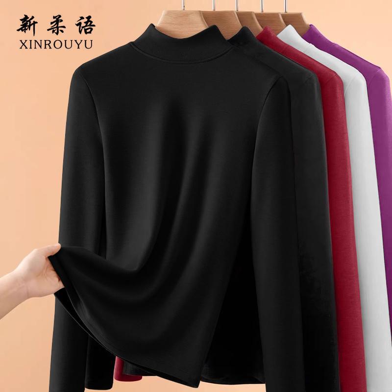 Double-sided Thread Long-sleeved T-shirt Womens Inner Wear Autumn Winter fleece-lined Fashionable Base Shirt Half-high Collar Warm Top Black [a046 single piece] - Image 1
