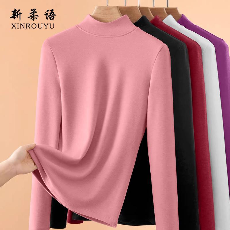 Double-sided Thread Long-sleeved T-shirt Womens Inner Wear Autumn Winter fleece-lined Fashionable Base Shirt Half-high Collar Warm Top Black [a046 single piece] - Image 2