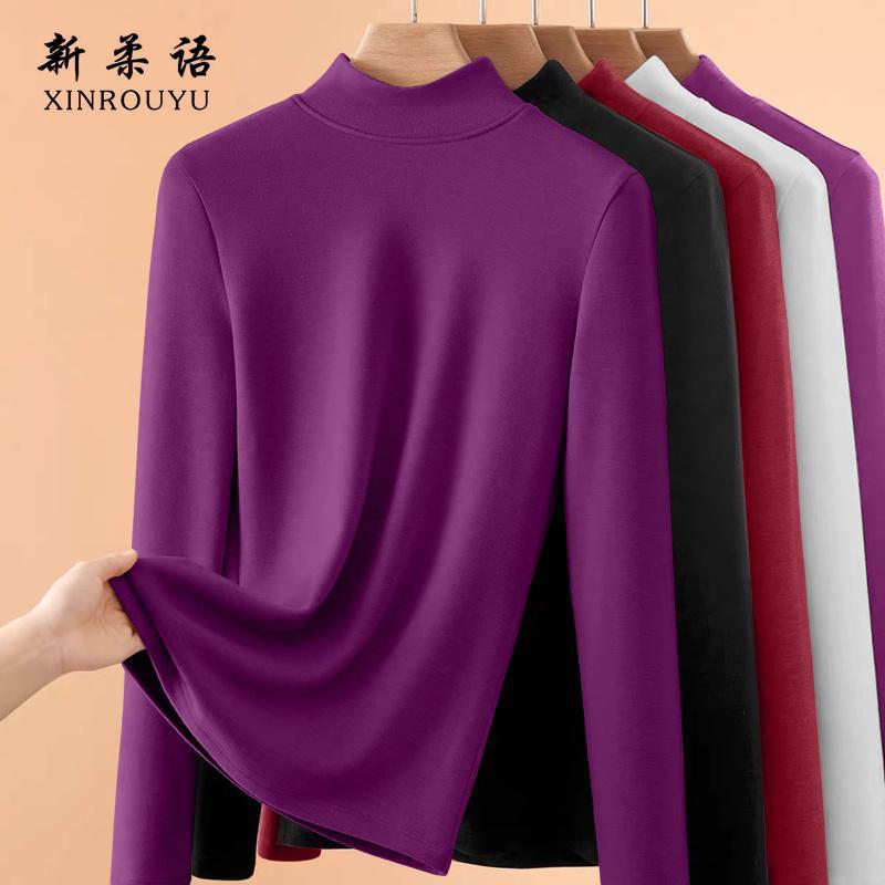Double-sided Thread Long-sleeved T-shirt Womens Inner Wear Autumn Winter fleece-lined Fashionable Base Shirt Half-high Collar Warm Top Black [a046 single piece] - Image 4