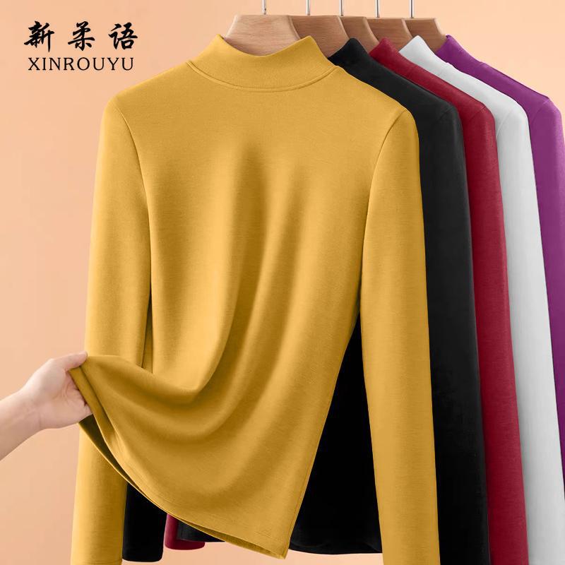 Double-sided Thread Long-sleeved T-shirt Womens Inner Wear Autumn Winter fleece-lined Fashionable Base Shirt Half-high Collar Warm Top Black [a046 single piece] - Image 5