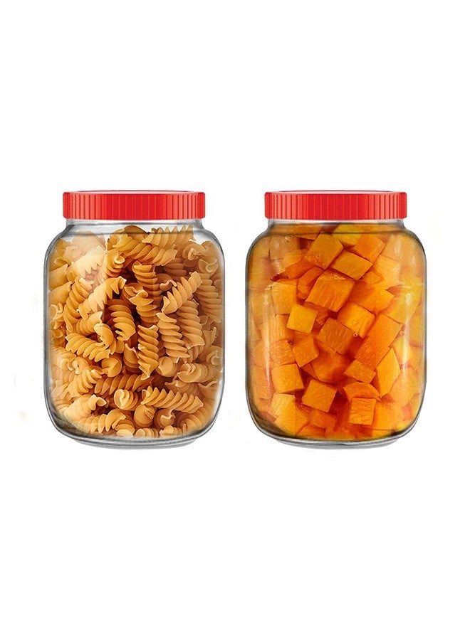 Vency Vency 3000Ml Glass Round Transparent Glass Jars 3Kg & Containers For Kitchen Pantry, Snacks, Masala, Pickles Red Color Plastic Lid (Set Of 2) (3000Ml Round Red Cap) - Image 1