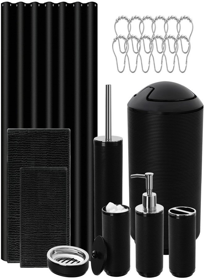 RYTOXILO Black Bathroom Accessories Sets with Shower Curtain and Rugs, 21 Pcs Bath Accessory Set Complete with Trash Can, Plastic Ribbed Soap Dispenser and Toothbrush Holder Set Toilet Brush Holder - Image 1