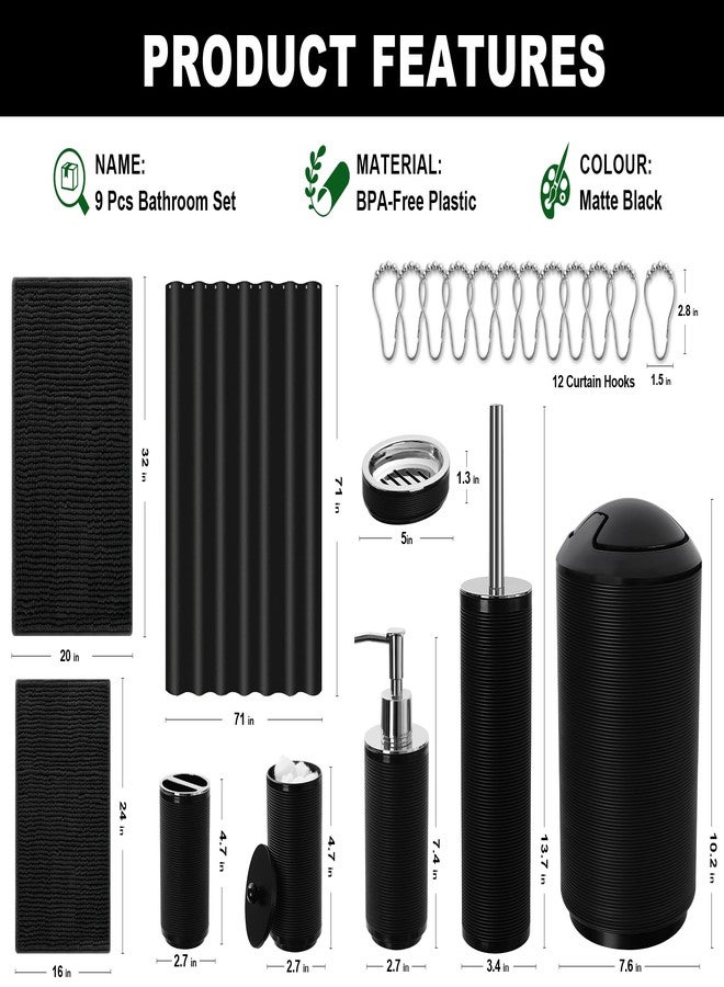 RYTOXILO Black Bathroom Accessories Sets with Shower Curtain and Rugs, 21 Pcs Bath Accessory Set Complete with Trash Can, Plastic Ribbed Soap Dispenser and Toothbrush Holder Set Toilet Brush Holder - Image 2