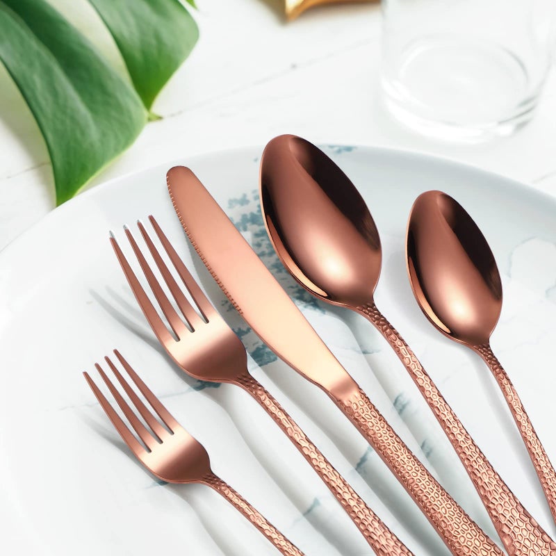 A · HOUSEWARE Hammered Silverware Copper/Rose Gold Flatware Set 40 Piece Service for 8 Stainless Steel Knives Forks Spoons Creative Handle Eating Utensils for Festival Parties Kitchen Daily Use - Image 4