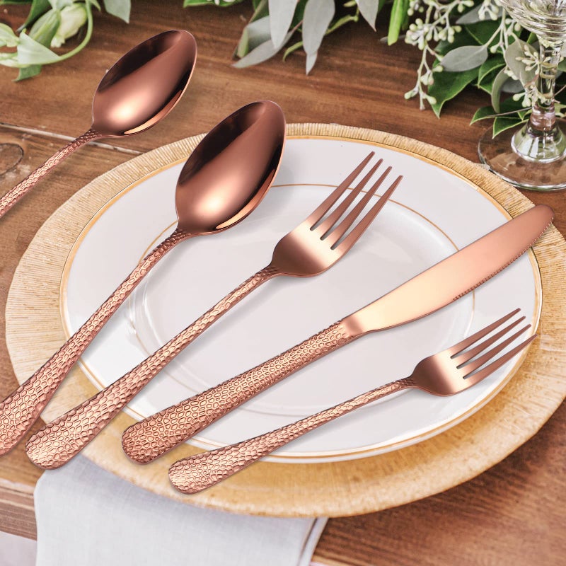 A · HOUSEWARE Hammered Silverware Copper/Rose Gold Flatware Set 40 Piece Service for 8 Stainless Steel Knives Forks Spoons Creative Handle Eating Utensils for Festival Parties Kitchen Daily Use - Image 2