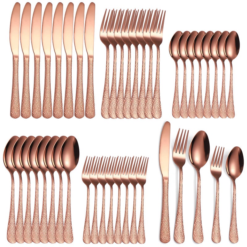 A · HOUSEWARE Hammered Silverware Copper/Rose Gold Flatware Set 40 Piece Service for 8 Stainless Steel Knives Forks Spoons Creative Handle Eating Utensils for Festival Parties Kitchen Daily Use - Image 1