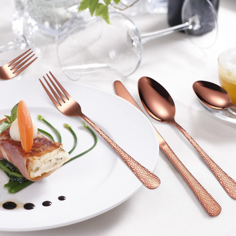A · HOUSEWARE Hammered Silverware Copper/Rose Gold Flatware Set 40 Piece Service for 8 Stainless Steel Knives Forks Spoons Creative Handle Eating Utensils for Festival Parties Kitchen Daily Use - Image 5