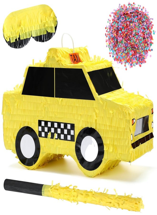 Soulchen Taxi Piñata New York Party Decorations Yellow Checkered Taxi Cab Piñata for NYC Birthday Decorations with Stick Blindfold and Confetti for New York Theme Party Favors Candy Birthday Supplies - Image 1