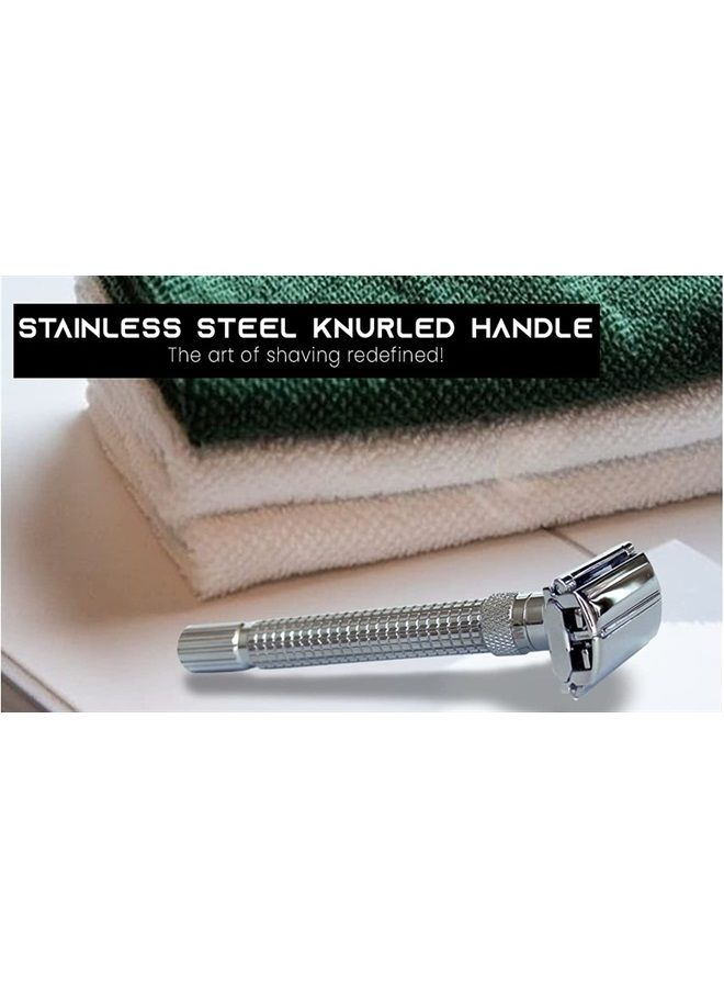 Men's Classic Chrome Adjustable Butterfly Open Double Edge Safety Razor, Smooth Shave with 20 Premium Sharp Blades