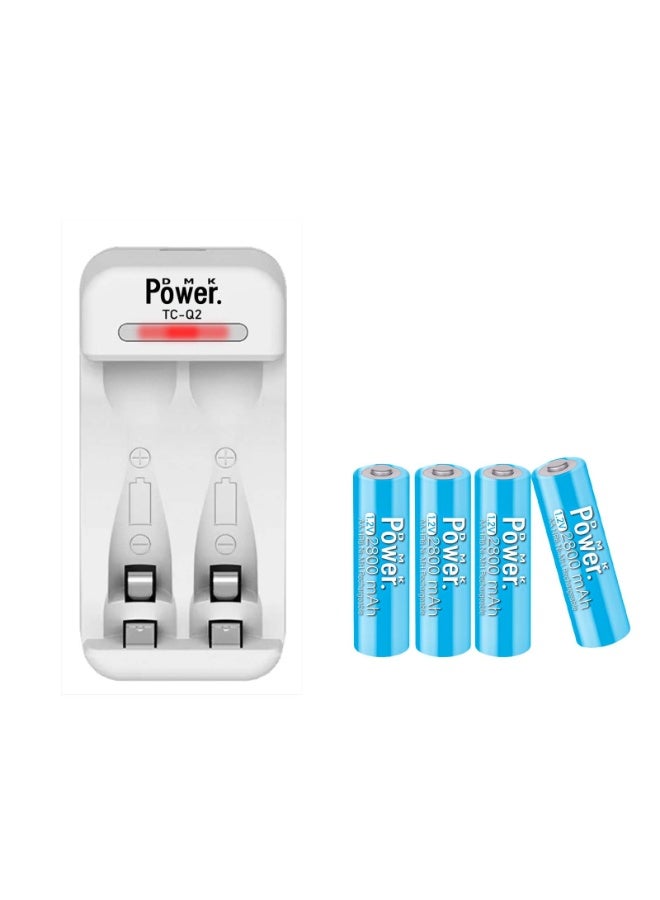 DMK Power AA NiMH Rechargeable Batteries BLUE Color (4-Pack, 2800mAh, 1.2V) with Dual Slot USB Charger – TC-Q2, for AAA/AA Devices