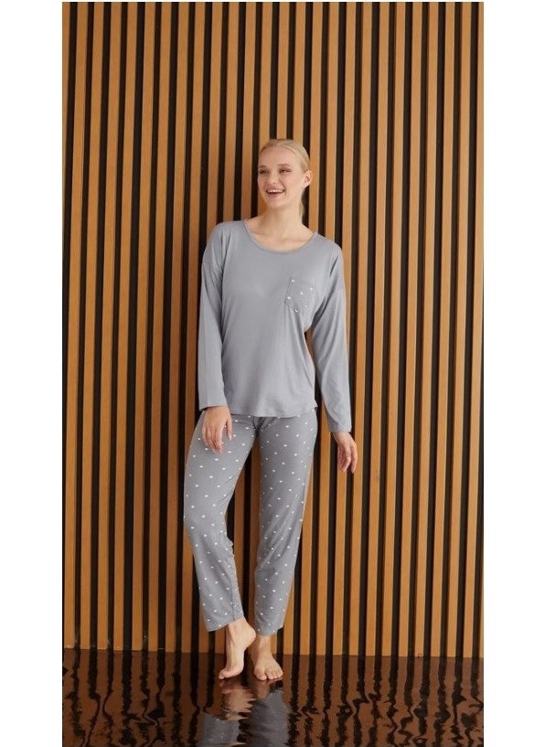 Bie's Women's Patterned Crew Neck Bamboo Long Sleeve Viscose Seasonal Pajama Set with Chest Pocket  - Image 1