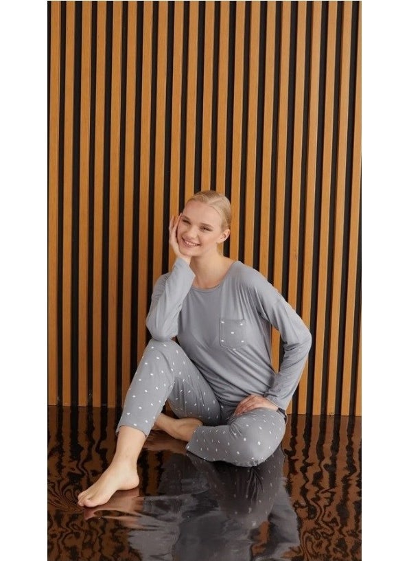 Bie's Women's Patterned Crew Neck Bamboo Long Sleeve Viscose Seasonal Pajama Set with Chest Pocket  - Image 3