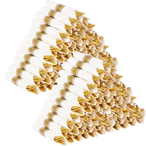 Pre Rolled Gold Plastic Cutlery  Gold Disposable Plastic Silverware 100 Pack Wrapped Silverware Disposable Utensils with 100 Forks 100 Knives 100 Spoons 100 Dinner Napkins for Party