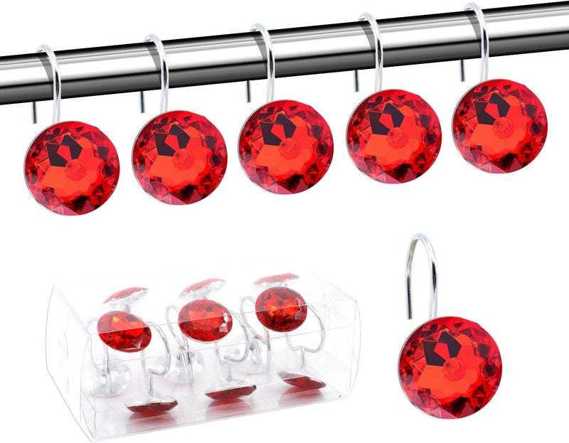 BEAVO Acrylic Fashion Decorative Home Rolling Red Shower Curtain Hooks Rhinestones Bathroom Bath Baby Room Bedroom Living Room Decor Set of 12 Rings (Red) - Image 1