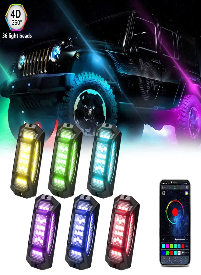 LED Rock Lights 6pcs Multicolor LED Lights Wide Angle 150° IP68 Waterproof with APP BT Sync with Music Function for SUV ATV UTV - Image 1