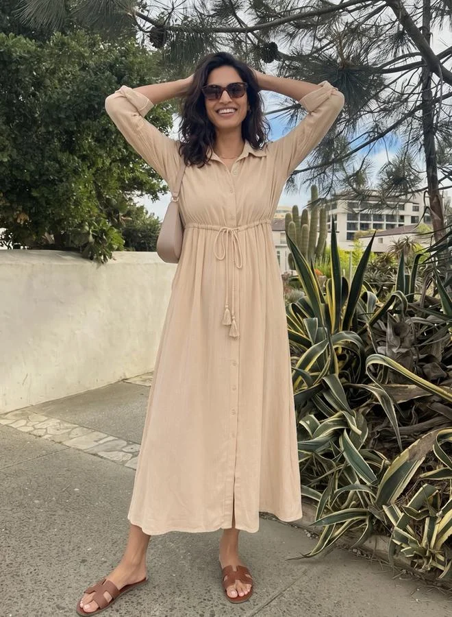 Femmella Women Beige Crinkled Button Down Maxi Dress
