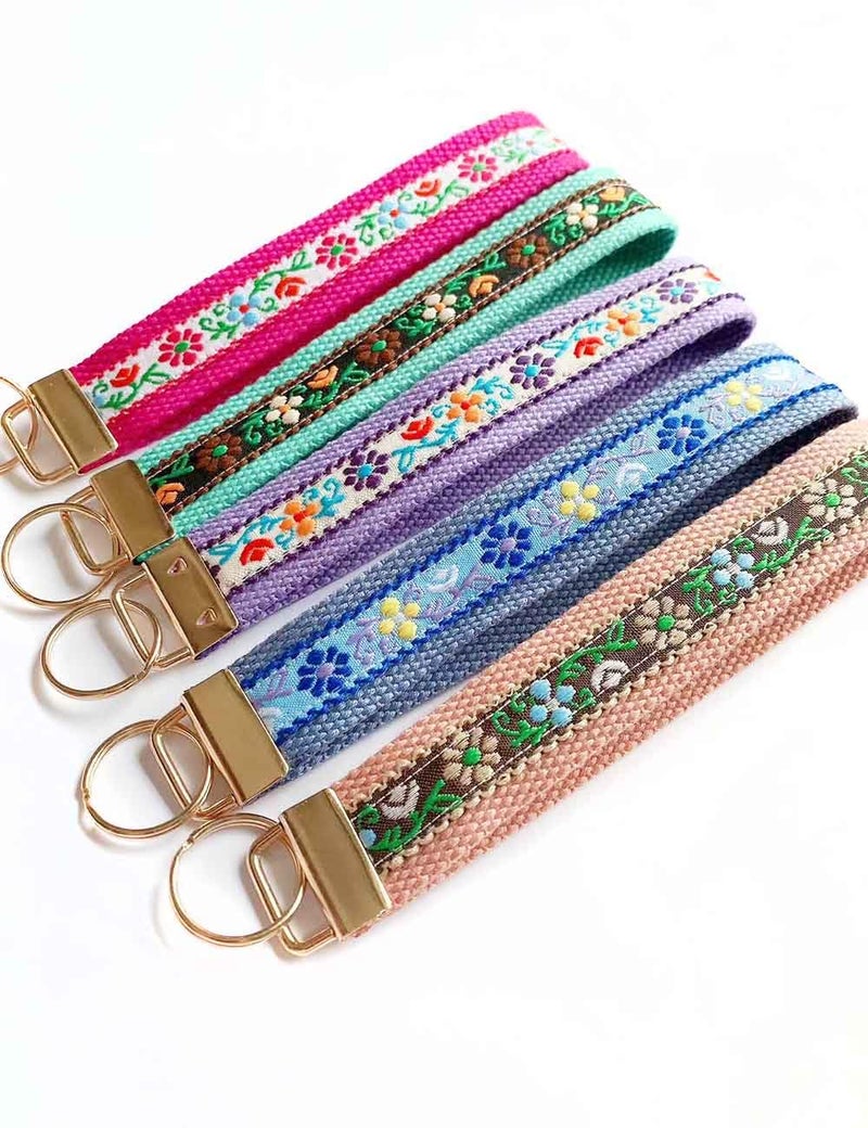 BattleTim Key Fob Keychain Wristlet Floral Embroidered Car Key Chain Holder Handmade Fabric Key Fobs Wristband for Women (Dusty Blue) - Image 3