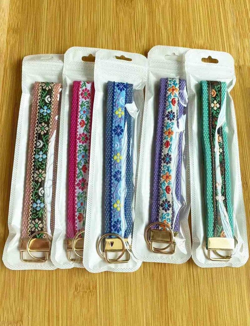 BattleTim Key Fob Keychain Wristlet Floral Embroidered Car Key Chain Holder Handmade Fabric Key Fobs Wristband for Women (Dusty Blue) - Image 5