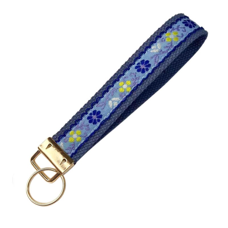 BattleTim Key Fob Keychain Wristlet Floral Embroidered Car Key Chain Holder Handmade Fabric Key Fobs Wristband for Women (Dusty Blue) - Image 1