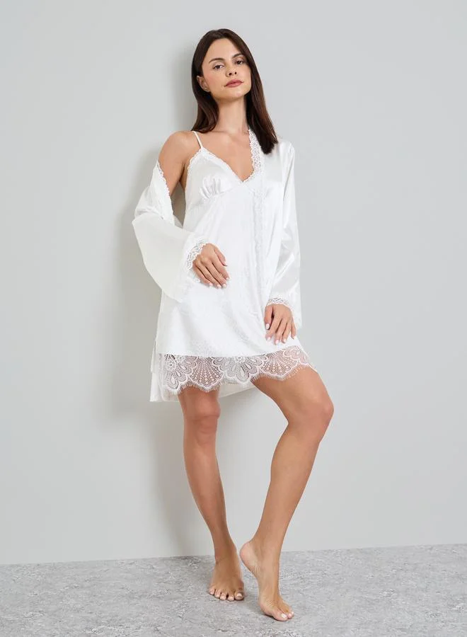 تايك تو White Solid Satin Lace Slip And Robe Set