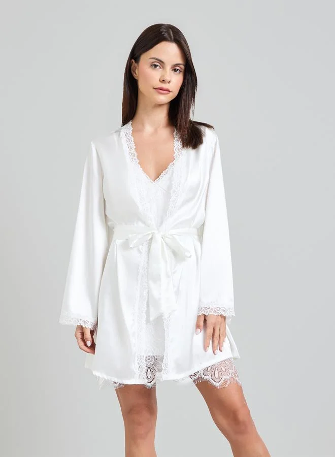 تايك تو White Solid Satin Lace Slip And Robe Set