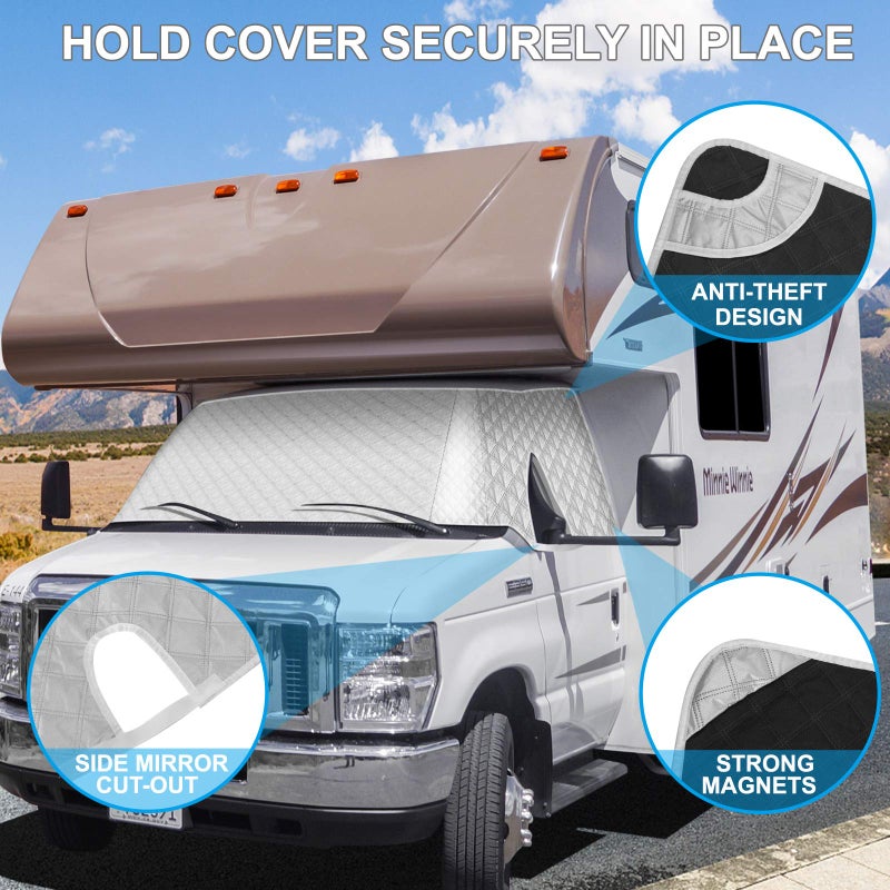 ExcelFu RV Windshield Cover Compatible with Class C Ford E450 1997-2025 Motorhome,Windshield Cover for Ice and Snow RV Front Window Sunshade Cover UV Block 4 Layers with Mirror Cutouts,Silver - Image 3