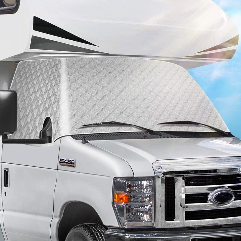ExcelFu RV Windshield Cover Compatible with Class C Ford E450 1997-2025 Motorhome,Windshield Cover for Ice and Snow RV Front Window Sunshade Cover UV Block 4 Layers with Mirror Cutouts,Silver - Image 1