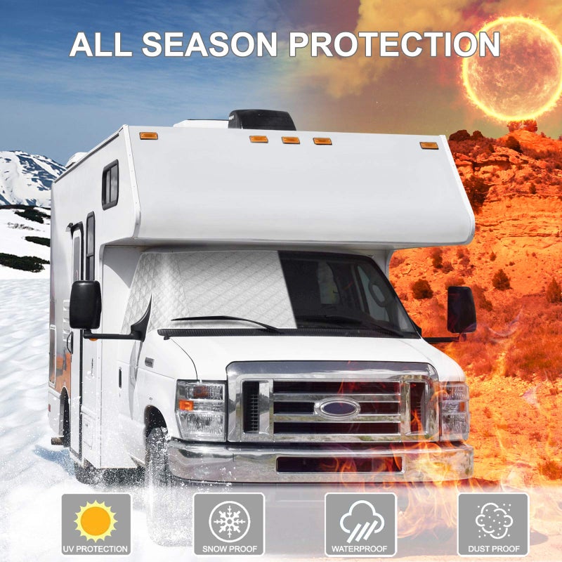 ExcelFu RV Windshield Cover Compatible with Class C Ford E450 1997-2025 Motorhome,Windshield Cover for Ice and Snow RV Front Window Sunshade Cover UV Block 4 Layers with Mirror Cutouts,Silver - Image 2