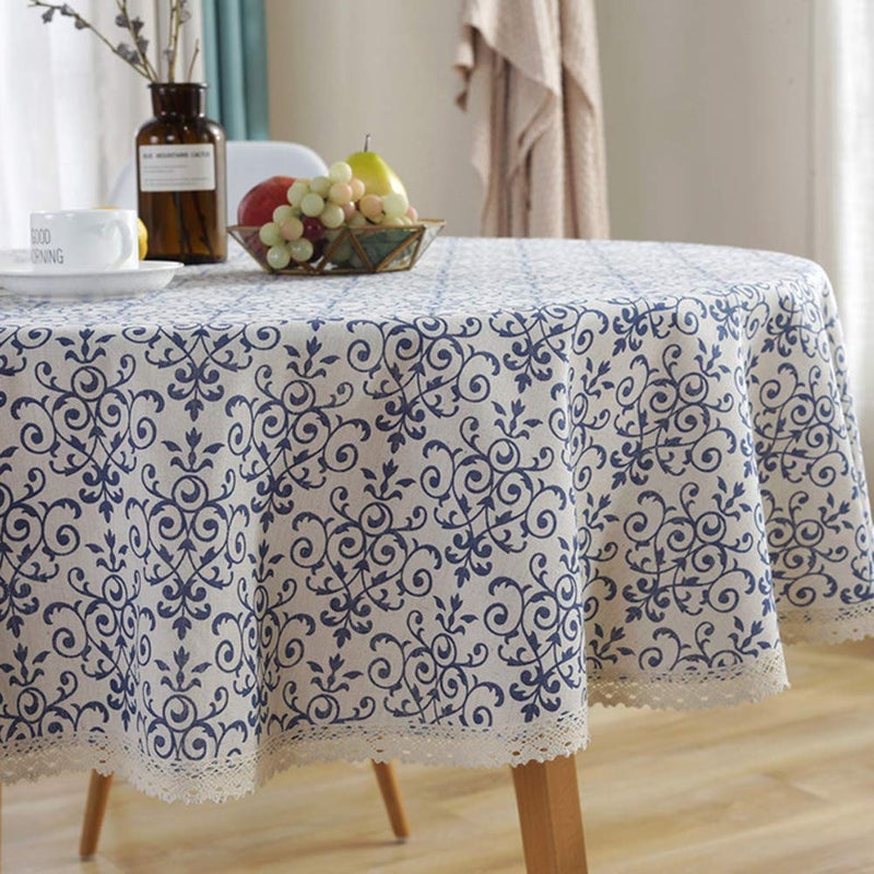 AMZALI Vintage Washable Cotton Linen Fabric Navy Damask Pattern Decorative Macrame Lace Round Tablecloth Dinner Picnic Table Cloth Home Decorative Table Top Cover 60 inch Diameter