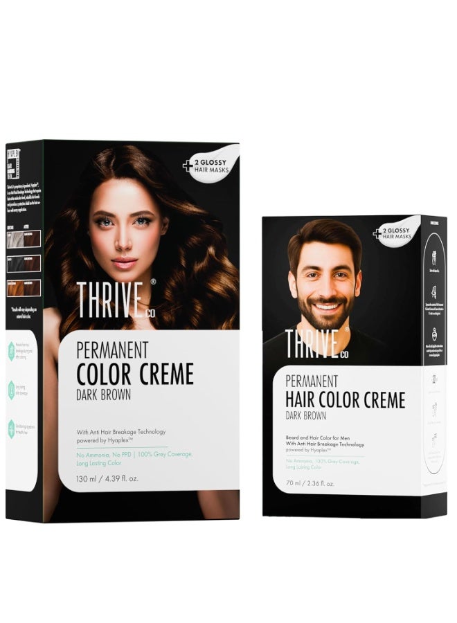 ThriveCo Permanent Dark Brown Hair Color Creme Combo for Men & Women | Ammonia-Free, 100% Grey Coverage | Damage-Free, Long-Lasting Color with Hyaplex™ Bond Technology | 130ml + 70ml - Image 1