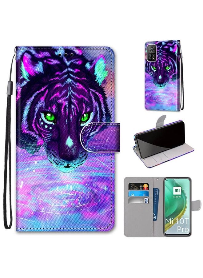 HuHa Case Cover For Xiaomi Mi 10T 5G / 10T Pro 5G / Redmi K30s Coloured Drawing Cross Texture Horizontal Flip PU Leather Case with Holder & Card Slots & Wallet & Lanyard Tiger Drinking Water 