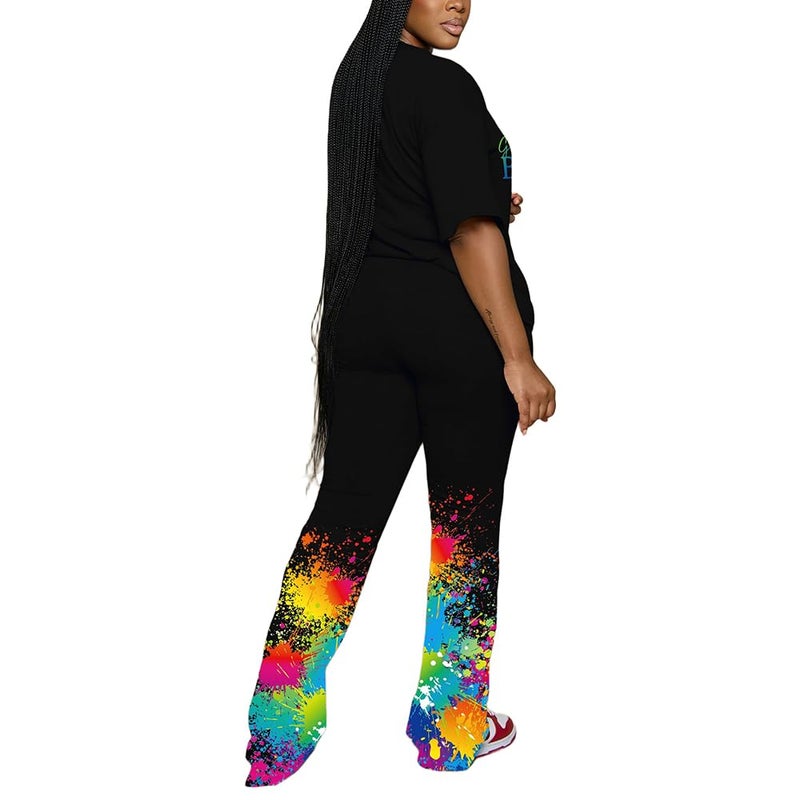 PINSV Womens Sets 2 Piece Outfits Casual Short Sleeve Top and Flare Pants Lounge Sets Tracksuit Black C XXL - Image 2