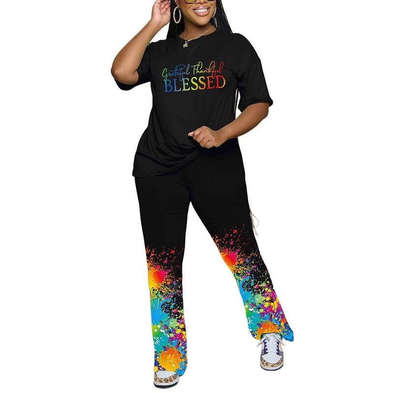 PINSV Womens Sets 2 Piece Outfits Casual Short Sleeve Top and Flare Pants Lounge Sets Tracksuit Black C XXL - Image 5