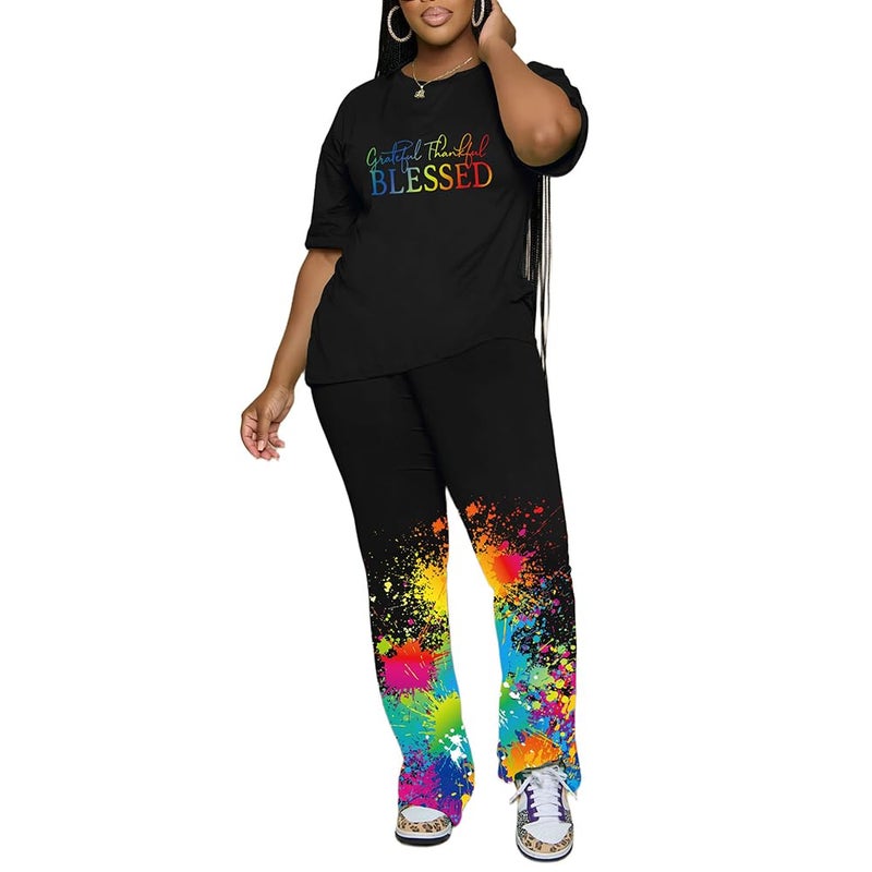 PINSV Womens Sets 2 Piece Outfits Casual Short Sleeve Top and Flare Pants Lounge Sets Tracksuit Black C XXL - Image 4