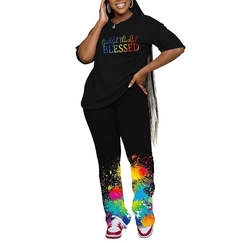PINSV Womens Sets 2 Piece Outfits Casual Short Sleeve Top and Flare Pants Lounge Sets Tracksuit Black C XXL - Image 3