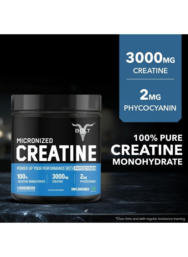 BOLT مسحوق كرياتين مونوهايدرات ميكرونيزيد بولت 3000 | مع فيكوسيانين | يعزز الأداء الرياضي | يوفر دعم الطاقة للتمارين الثقيلة | مص formulated في الولايات المتحدة | 100 جرام (0.22 رطل)، 33 حصة | بدون نكهة - Image 3