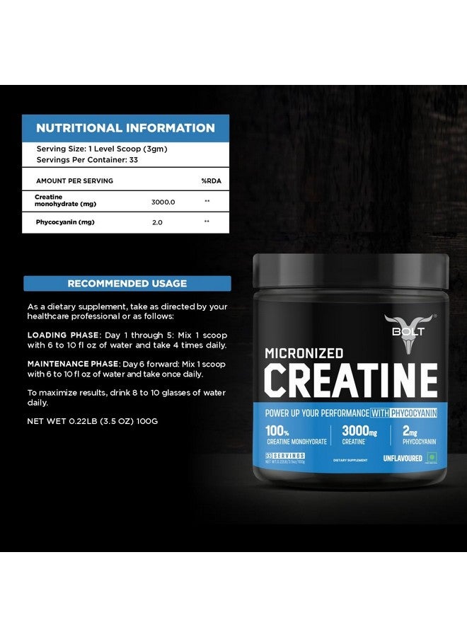 BOLT مسحوق كرياتين مونوهايدرات ميكرونيزيد بولت 3000 | مع فيكوسيانين | يعزز الأداء الرياضي | يوفر دعم الطاقة للتمارين الثقيلة | مص formulated في الولايات المتحدة | 100 جرام (0.22 رطل)، 33 حصة | بدون نكهة - Image 4