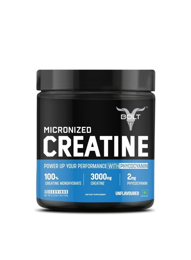BOLT مسحوق كرياتين مونوهايدرات ميكرونيزيد بولت 3000 | مع فيكوسيانين | يعزز الأداء الرياضي | يوفر دعم الطاقة للتمارين الثقيلة | مص formulated في الولايات المتحدة | 100 جرام (0.22 رطل)، 33 حصة | بدون نكهة - Image 1