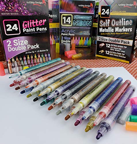 ArtShip Design 24 Glitter Paint Pens, Double Pack of Both Extra Fine and Medium Tip Paint Markers, for Rock Painting, Mug, Ceramic, Glass, and Fabric Painting, Water Based Non-Toxic and No Odor - Image 4