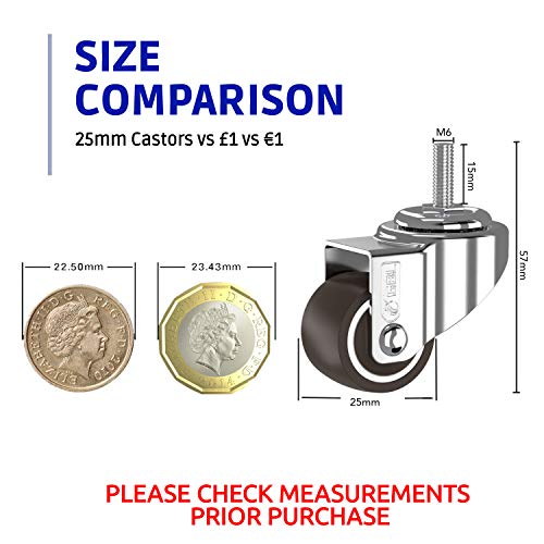 GBL 1" inch Small Caster Wheels with 2 Brakes + Screws M6x15mm - 90Lbs - Low Profile Castor Wheels with Brakes - Set of 4 No Floor Marks Silent Casters - Image 2